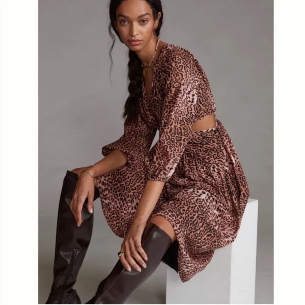 ANTHROPOLOGIE RANA GILL Long Sleeve Cutout Midi Dress in Leopard Size S